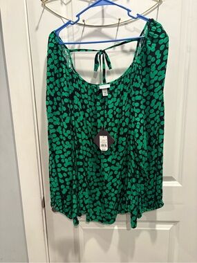 Mango Green and Black Dot Peasant Blouse